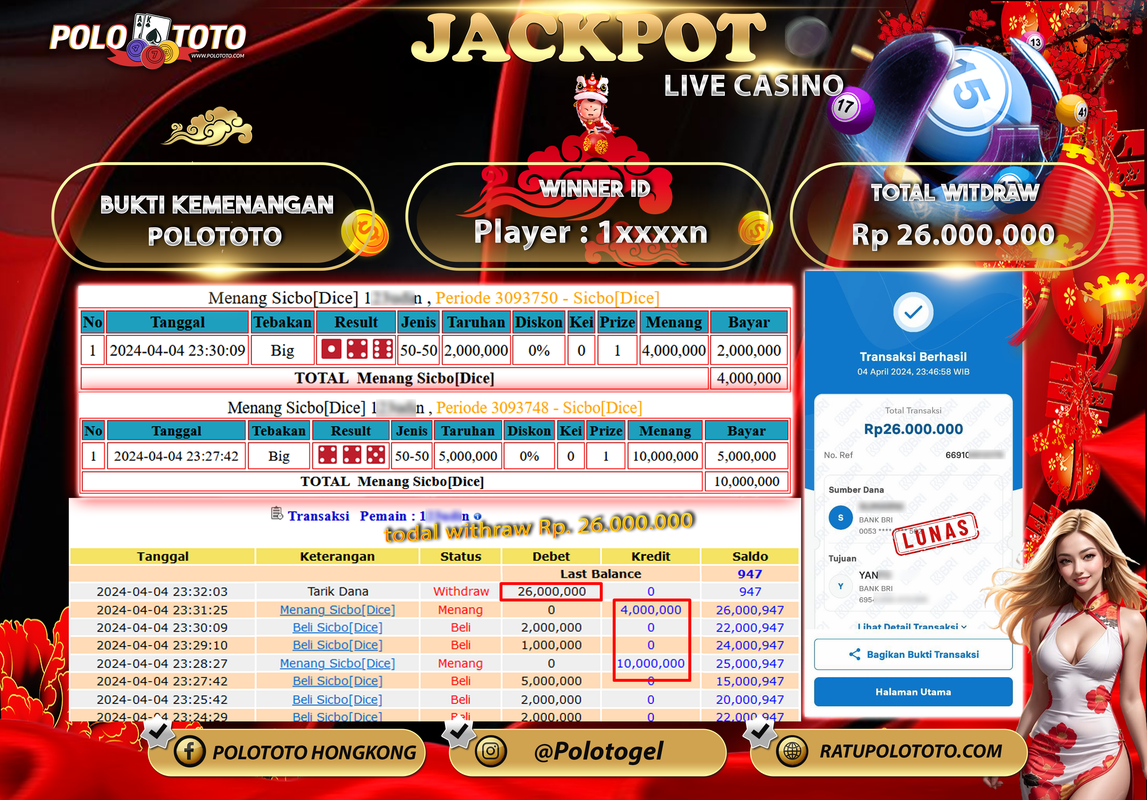 POLOTOTO BUKTI JACKPOT LIVE CASINO  Rp 26.000.000,-