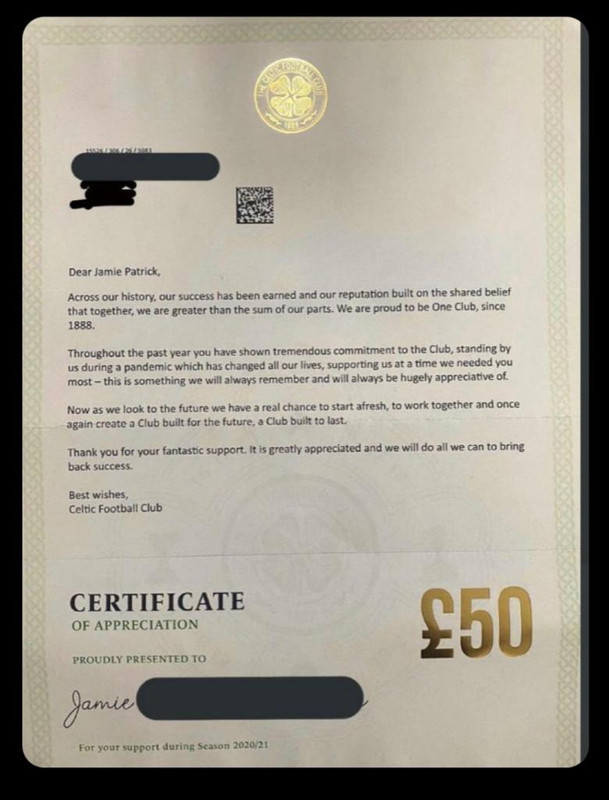 Celtic certificate of appreciation