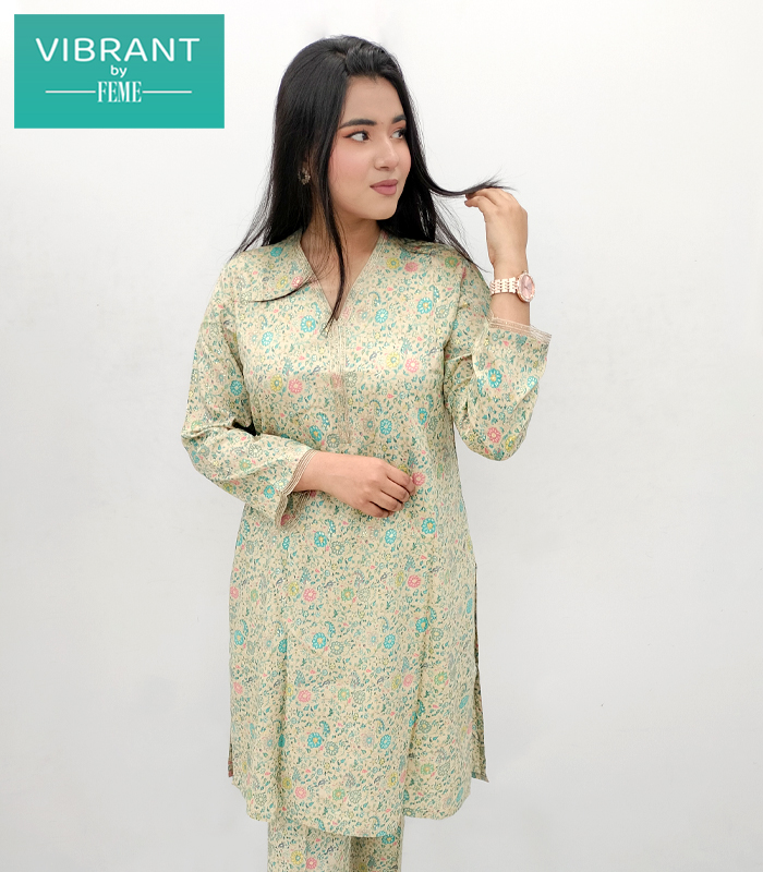 Band Collar Exclusive Feme Kurti & Trouser 10/2 Beige Pink FIT ELEGANCE