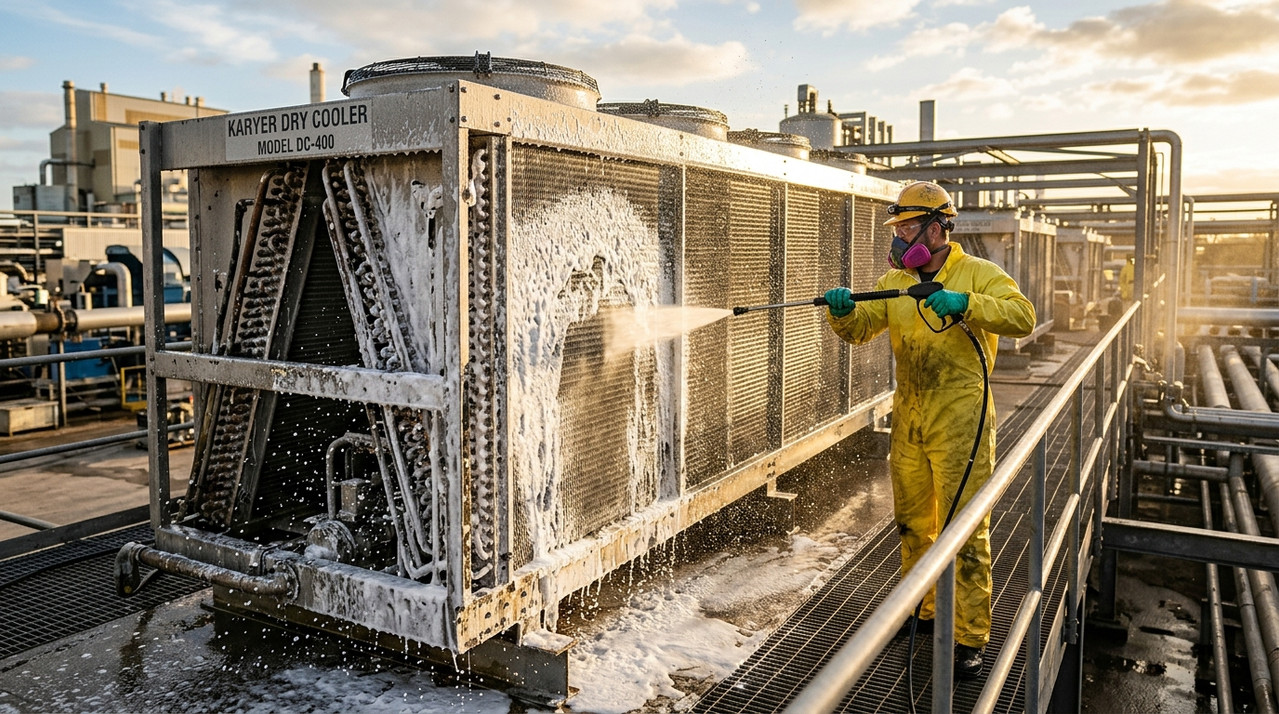 Процесс химической очистки теплообменника драйкулера с пеной и смывом водой
