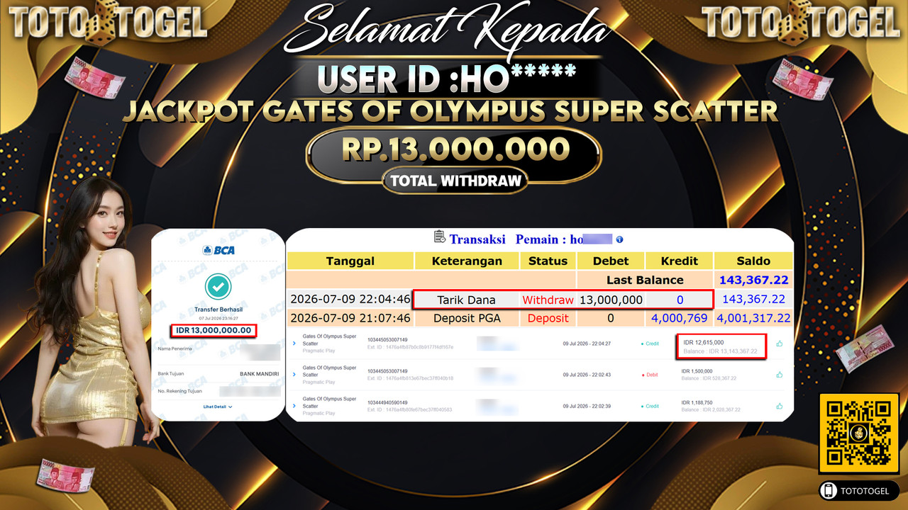 Bukti Pembayaran Jackpot Permainan Slot GATES OF OLYMPUS SUPER SCATTER ID:HO****LUNAS
