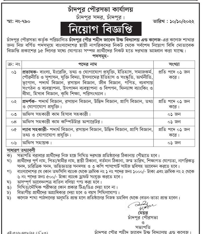 Chadpur Pourasova Job Circular 2022