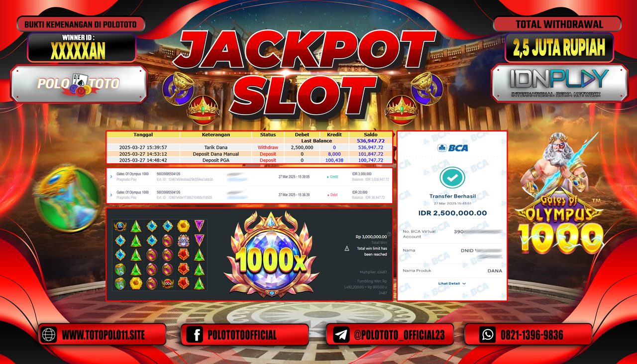 POLOTOTO JACKPOT SLOT GATES OF OLYMPUS 1000 Rp.2.500.000,- LUNAS