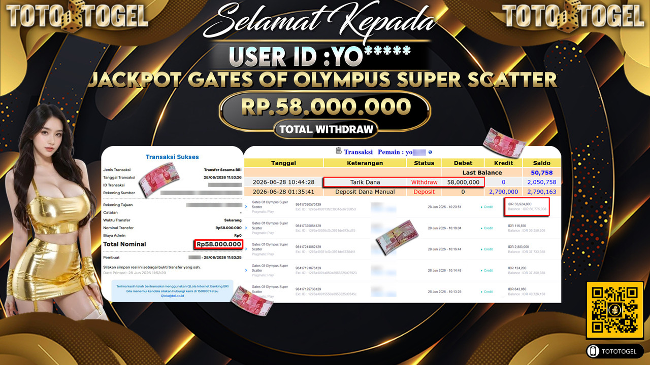 Bukti Pembayaran Jackpot Permainan Slot Gates Of Olympus Super Scatter ID:YO*****LUNAS