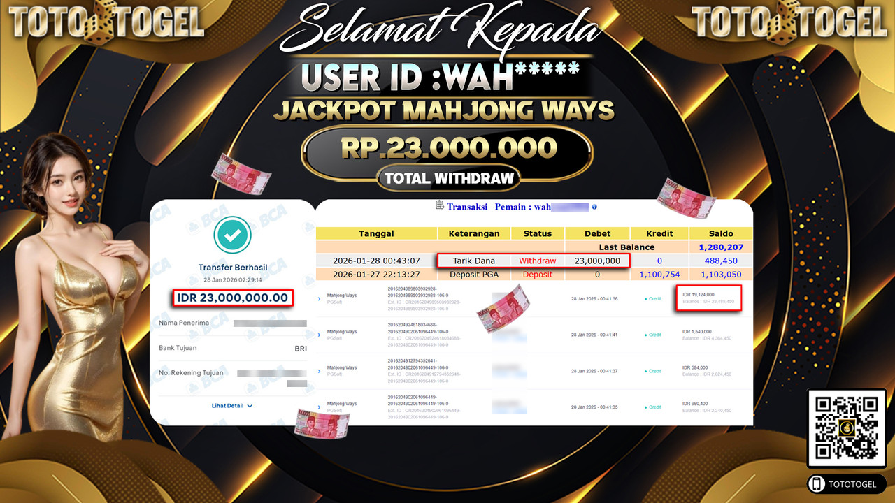 Bukti Pembayaran Jackpot Permainan Slot Mahjong Ways ID:WAH*****LUNAS
