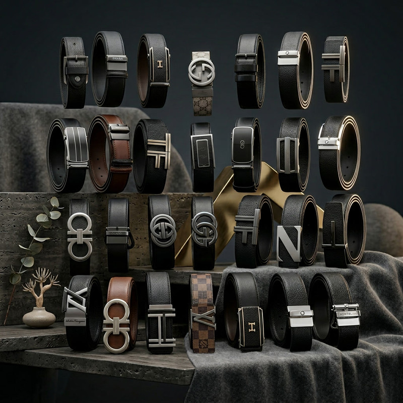 Modern luxury men’s accessories arranged in a visually striking design