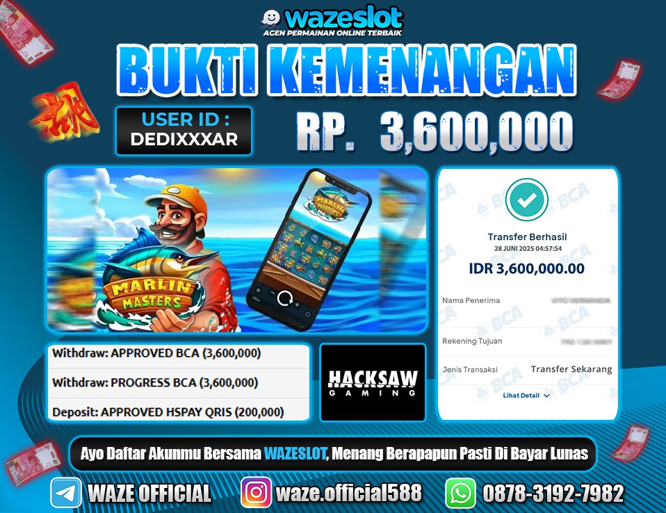 BUKTI KEMENANGAN 28 JUNI 2025 DI GAME MARLIN MASTERS ( HACKSHAW GAMING )