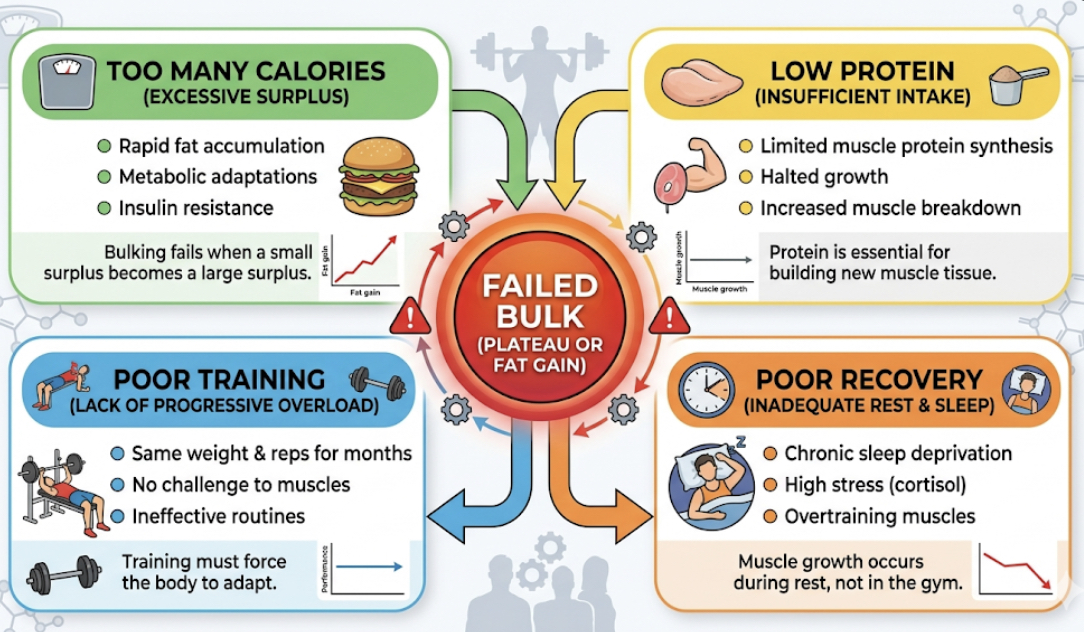 Diagram showing causes of failed bulk including too many calories, low protein, poor training, poor recovery, explaining why bulking not working