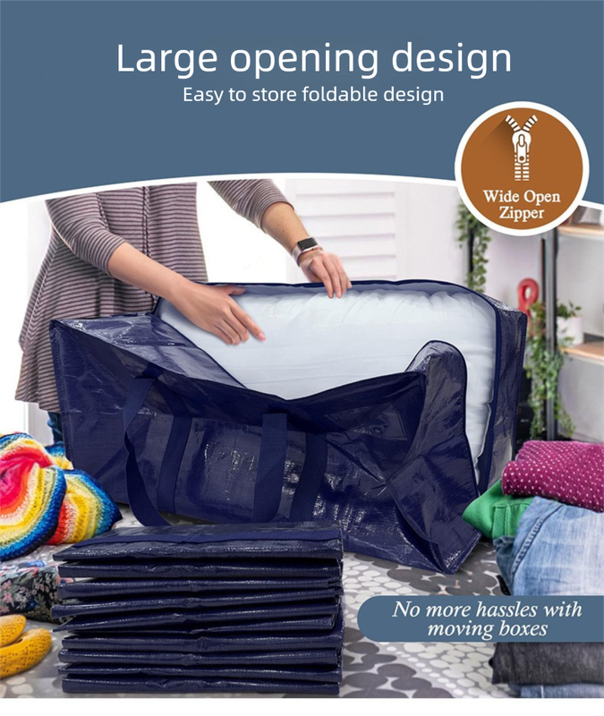 4 Pack Extra Heavy Duty Large Moving Bags with Strong Zipper & Comfortable Handles, Sturdy & Durable Clothes Storage Bags Totes Bins, Packing Moving Boxes for Clothes, Bedding, Dorm & Travel, Dark Blue