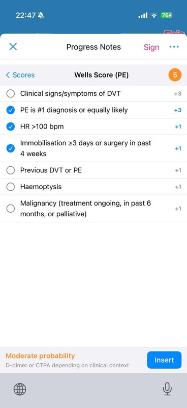 Wells PE score in Clinikey