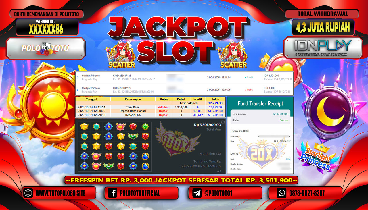 POLOTOTO JACKPOT SLOT STARLIGHT PRINCESS Rp.4.300.000,- LUNAS