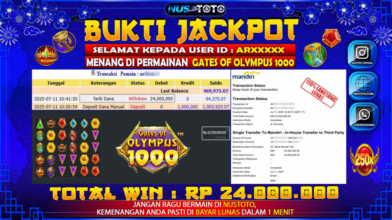 JACKPOT !! MENANG BESAR DI SLOT GATES OF OLYMPUS 1000 Rp. 24.000.000 LANGSUNG DI BAYAR LUNAS NUSTOTO !!