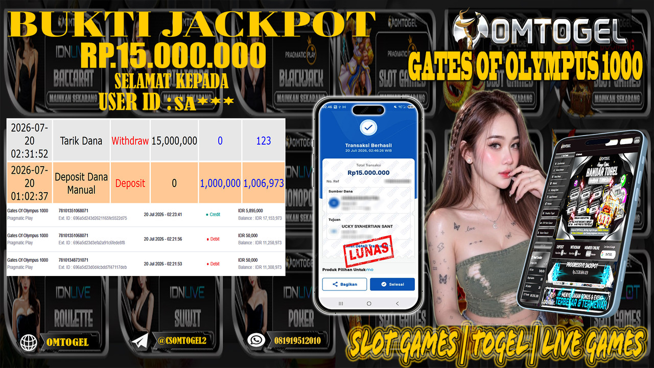 OMTOGEL JACKPOT PRAGMATICPLAY GATES OF OLYMPUS 1000  Rp,15,000,000,- DIBAYAR LUNAS