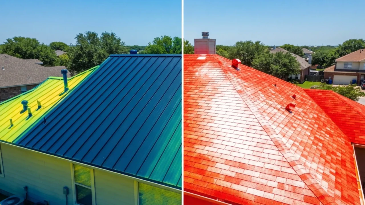 Thermographic heat map showing temperature difference between metal roof and asphalt shingle roof in Texas summer