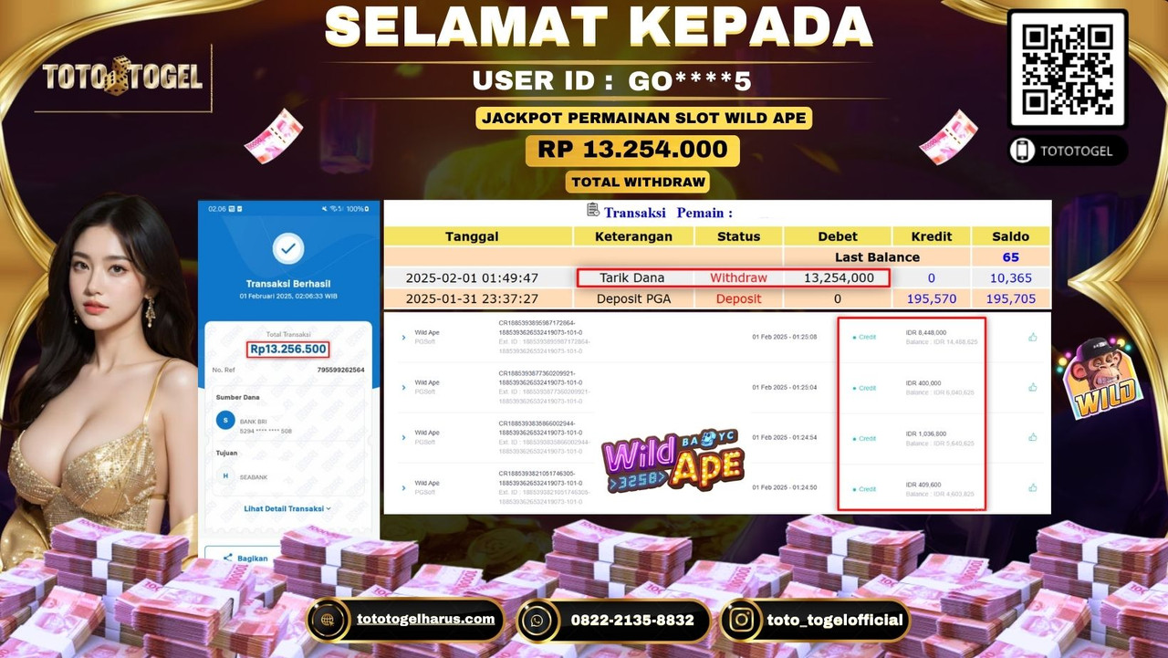 Bukti Pembayaran Jackpot  Permainan Slot Wild Ape  ID:GO****5 LUNAS