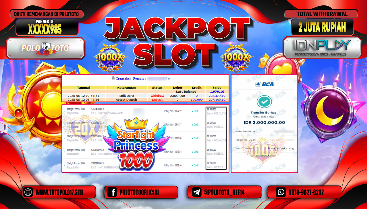 POLOTOTO JACKPOT SLOT STARLIGHT PRINCESS 1000 Rp.2.000.000,-