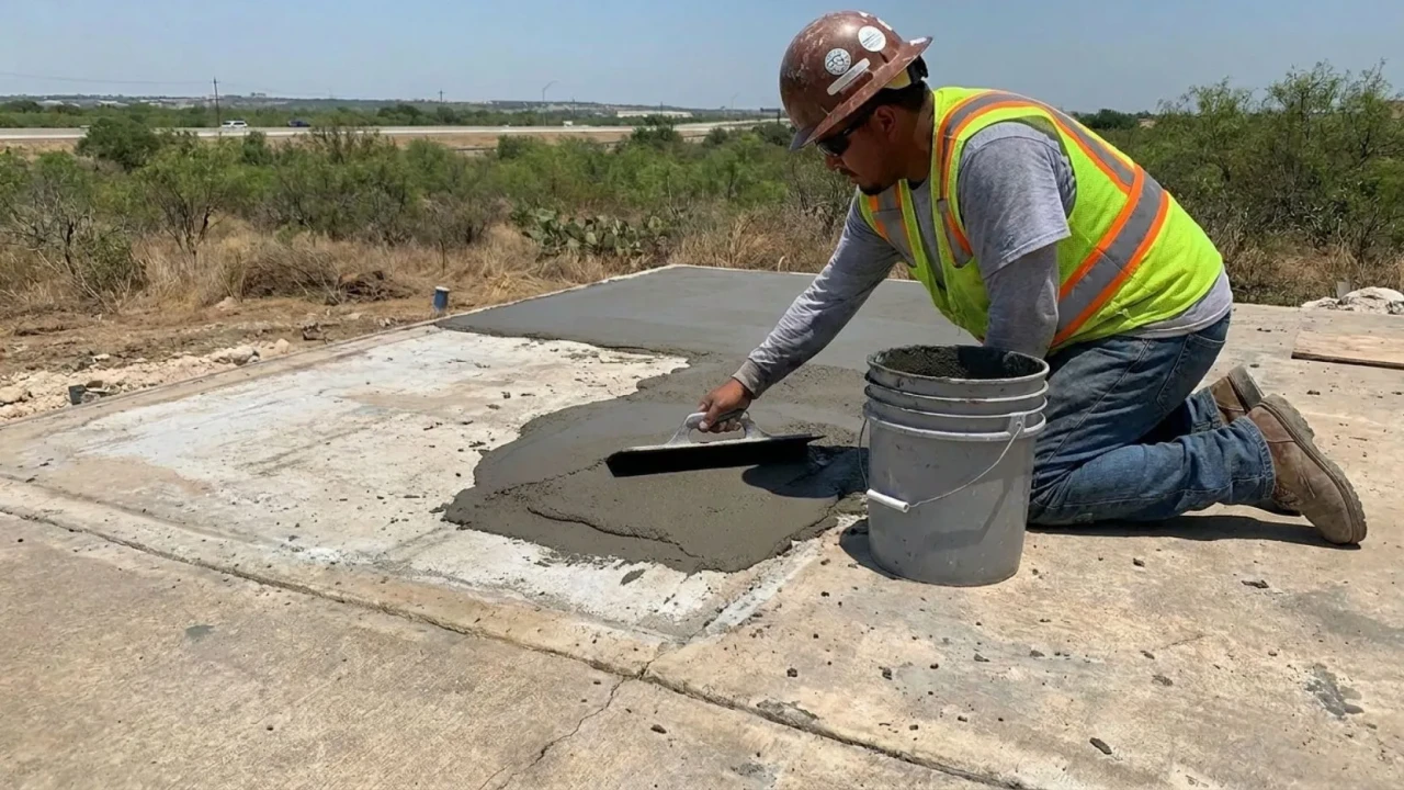Affordable Concrete San Antonio crew member applying and troweling a bonded concrete overlay onto a prepared residential patio slab