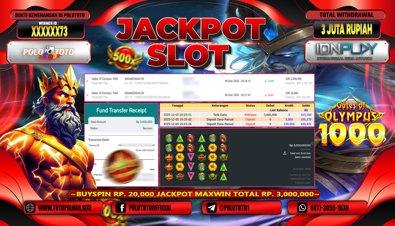 POLOTOTO JACKPOT SLOT GATES OF OLYMPUS 1000 Rp.3.000.000,- LUNAS