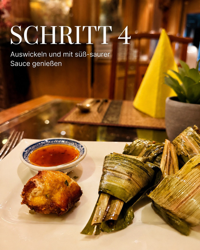 Gai Hor Bai Toey – Schritt 4 auswickeln und mit süß-saurer Sauce genießen