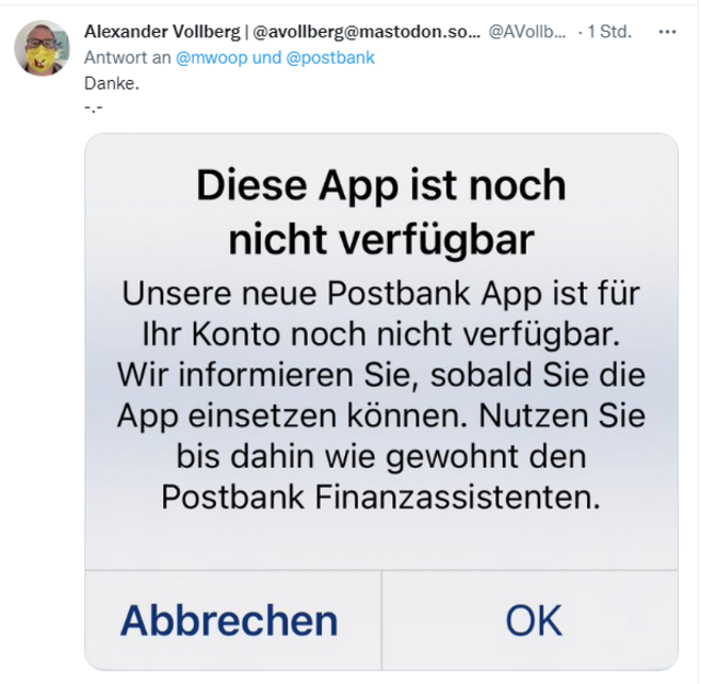 Störungsmeldung Postbank-App