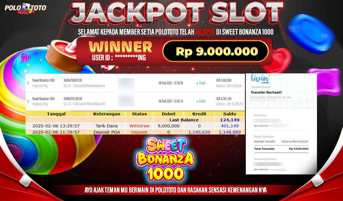POLOTOTO JACKPOT SLOT SWEET BONANZA 1000 Rp.9,000.000,-
