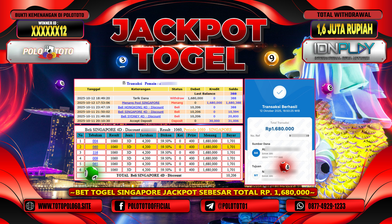 POLOTOTO JACKPOT TOGEL POOL SINGAPORE Rp.1.600.000,- LUNAS