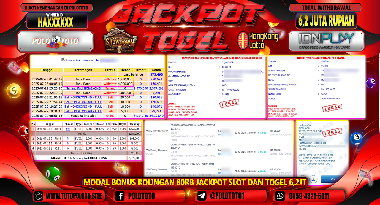 POLOTOTO JACKPOT SLOT WILD BOUNTY SHOWDOWN DAN TOGEL HONGKONG LOTTO Rp.6.200.000,- LUNAS