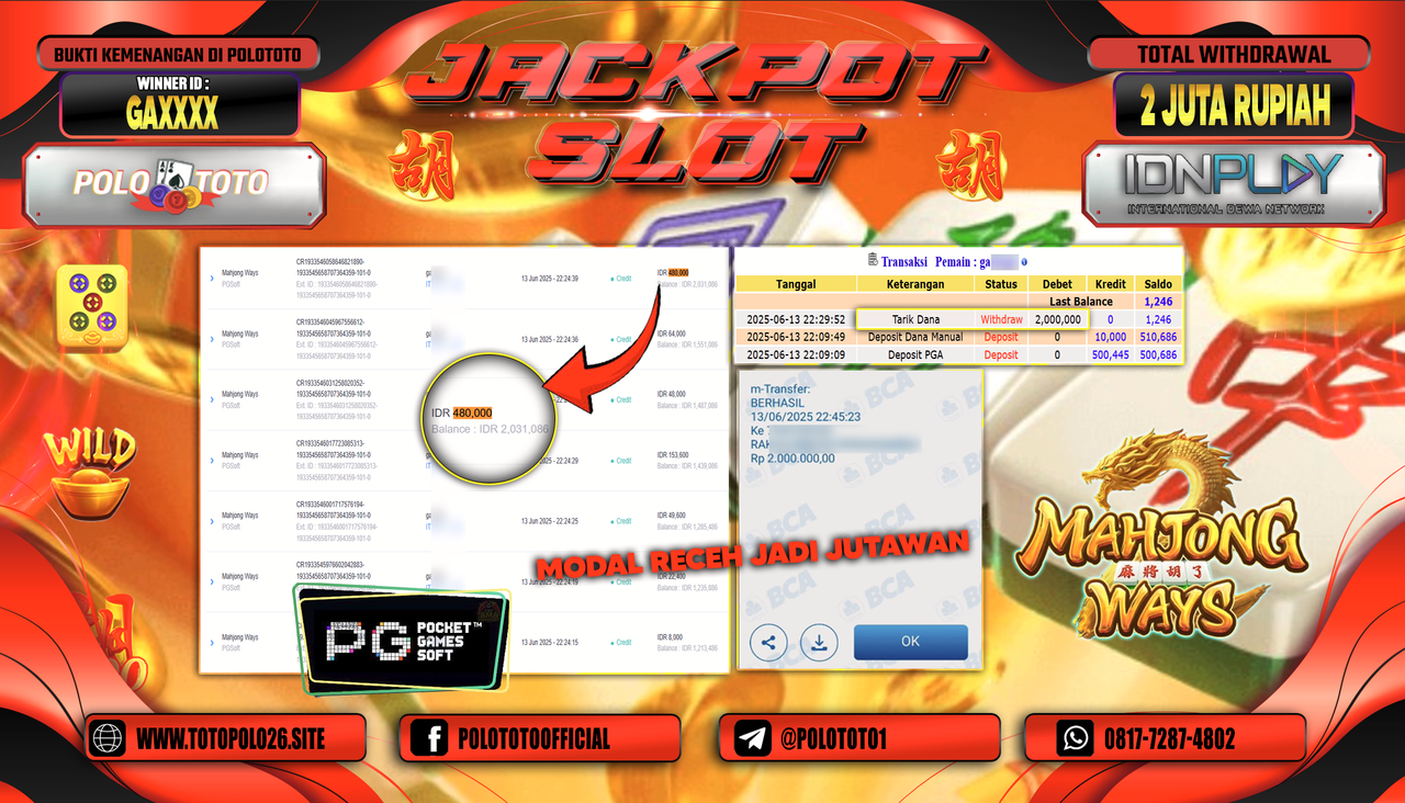 POLOTOTO JACKPOT SLOT MAHJONG WAYS Rp.2.000.000,-