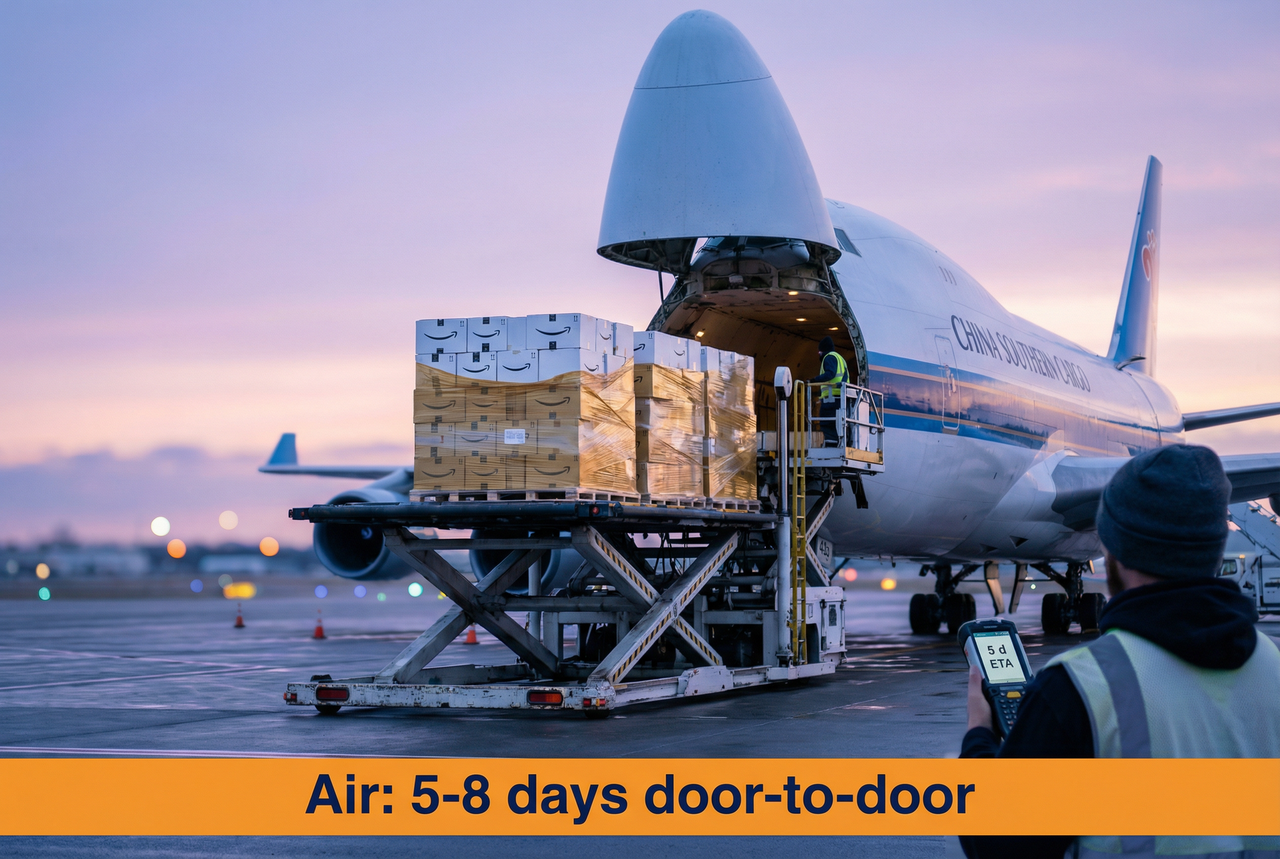China Southern Cargo Boeing 747 freighter aircraft with nose cargo door open loading pallets of ecommerce packages for international air freight shipping