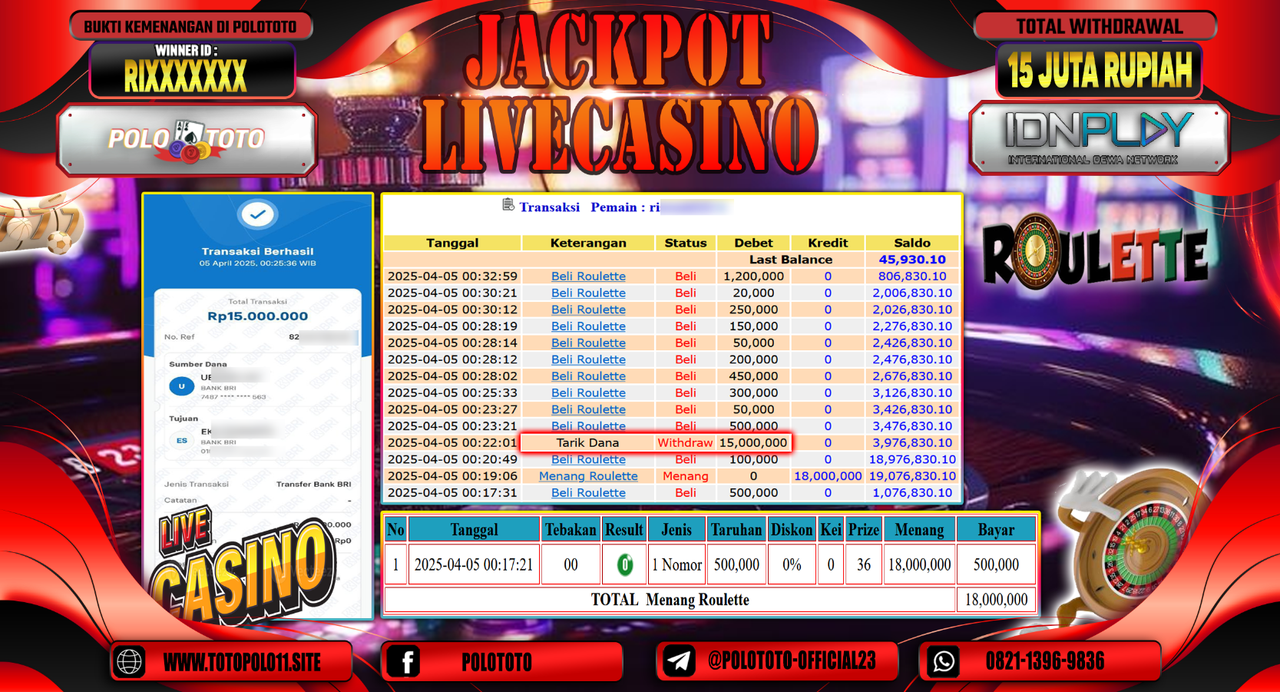 POLOTOTO JACKPOT LIVE CASINO ROULETTE  Rp.15.000.000,- LUNAS