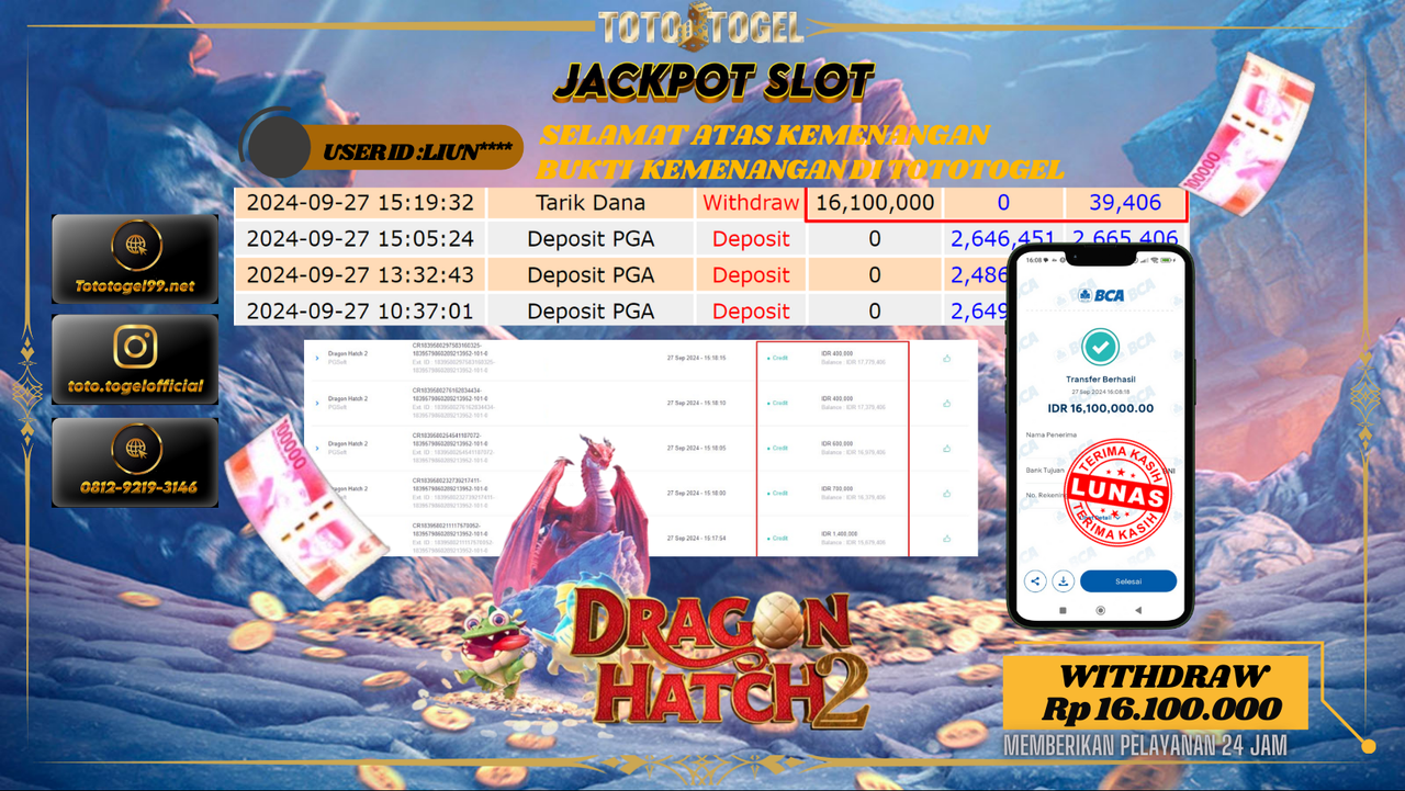 Bukti Kemenangan Permainan Slot  ID : LIUN*** Terbayar Lunas!!