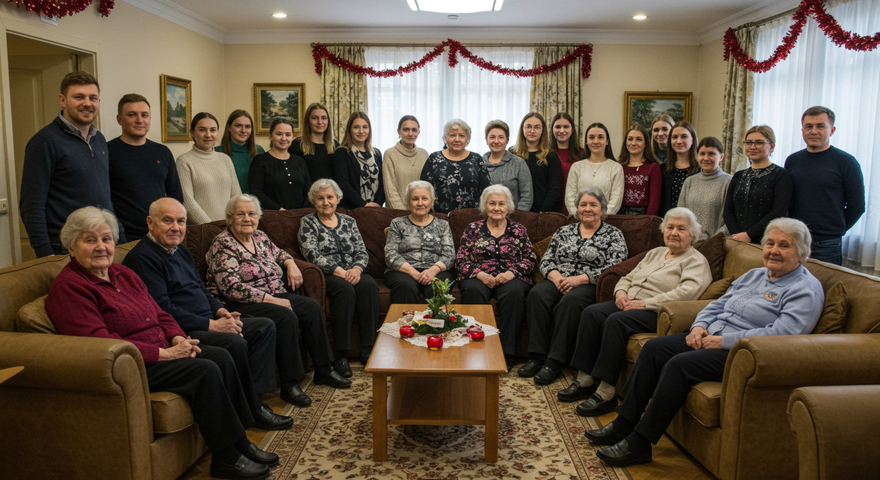 Празднично украшенное помещение с пожилыми и молодыми людьми