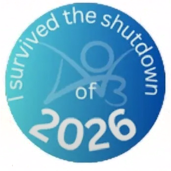 Circular
badge with the words 'survivor of shutdown 2026' with an AO3 logo