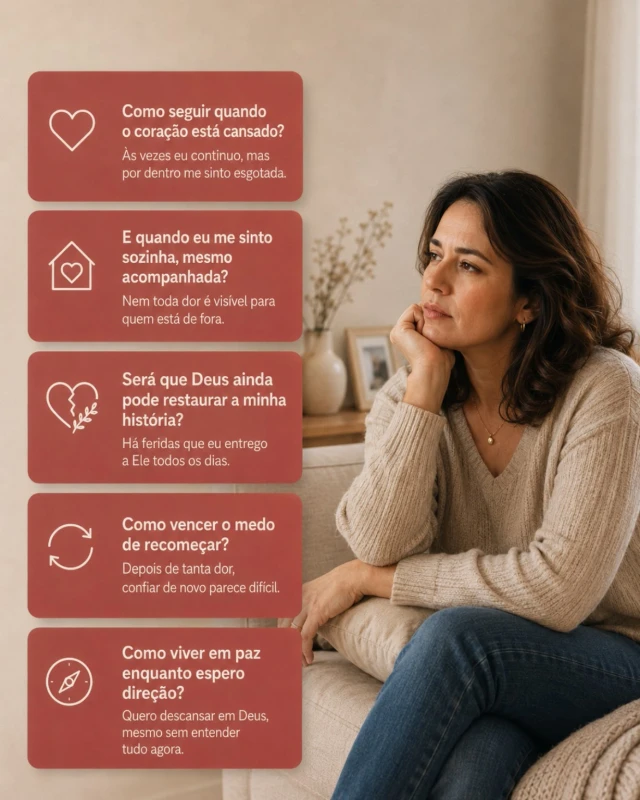 Mulher refletindo sobre dores, restauração e direção de Deus