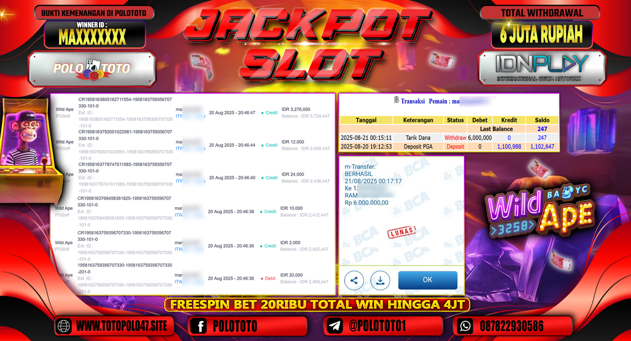 POLOTOTO JACKPOT SLOT WILD APE Rp.6.000.000,-