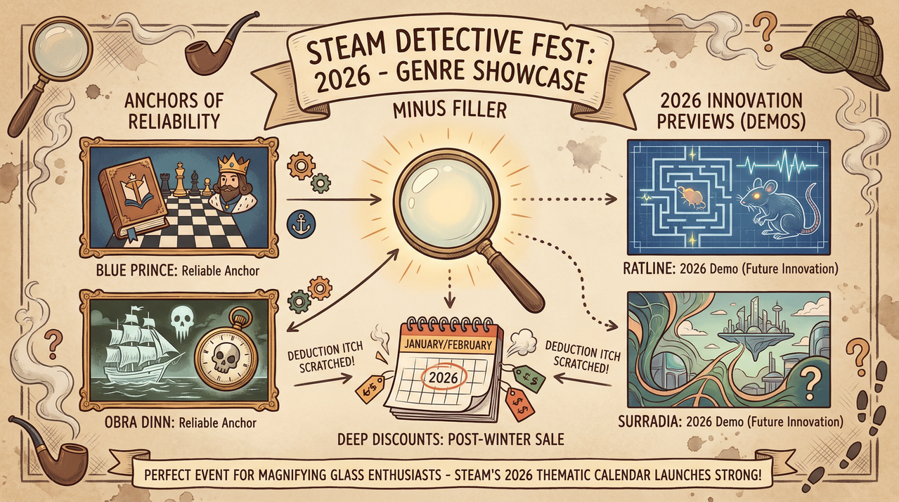 Steam Detective Fest 2026 Live - Demos, Discounts, and Indie Sleuths Until Jan 19 1 Detective examining clues board representing Steam Detective Fest games