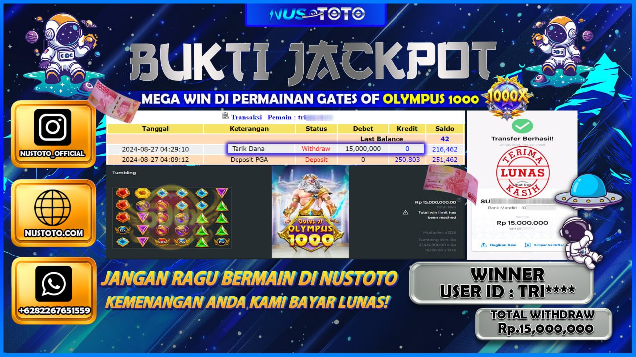 MAXWIN !! MENANG BESAR DI GAME GATES OF OLYMPUS 1000 SENILAI Rp. 15.000.000 LANGSUNG DI BAYAR LUNAS NUSTOTO !!