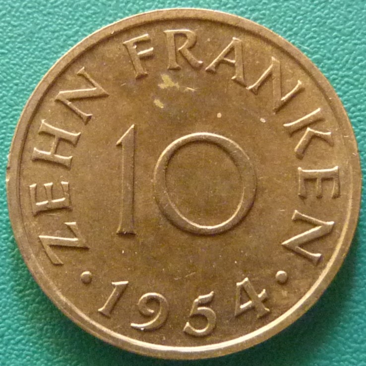 10 Franken. Sarre (1954) SAR-10-Franken-1954-rev