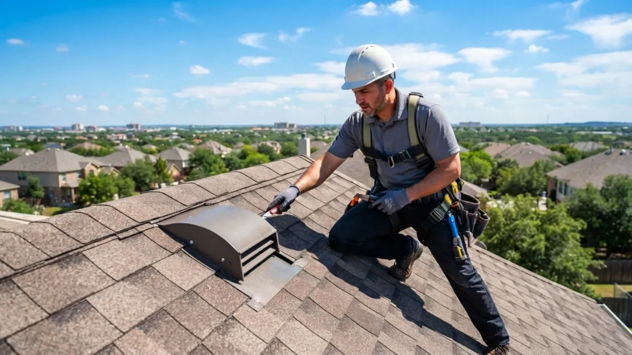 Roofing contractor on residential roof during inspection in San Antonio Texas