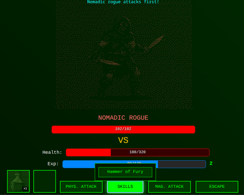 battle screen with a nomadic rogue