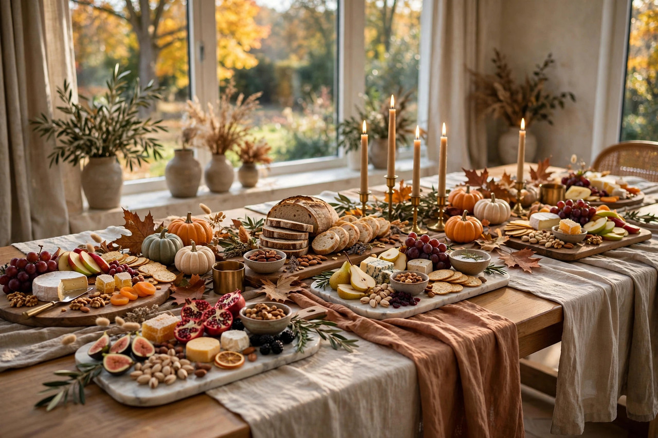 Fall grazing table setup with serving boards, mini pumpkins and candles for an autumn gathering