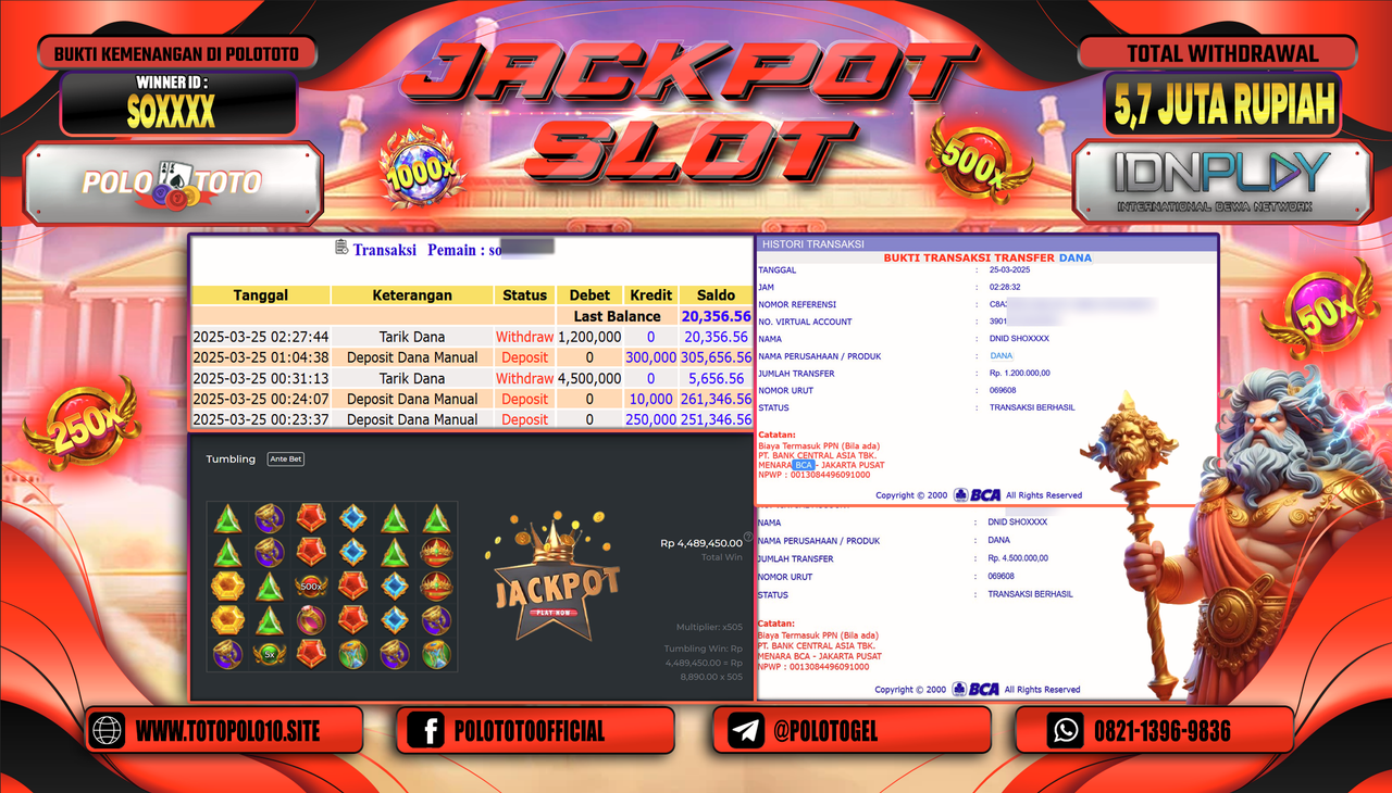 POLOTOTO JACKPOT SLOT GATES OF OLYMPUS 1000 Rp.5.700.000,-