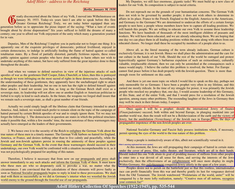 Holocaust - Adolf Hitler Collection of Speeches - January 1939 - prophecy - warning - annihilation o