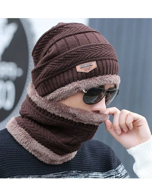 Unisex Winter Wool-Lined Beanie & Neck Warmer Set – Windproof for Bikers