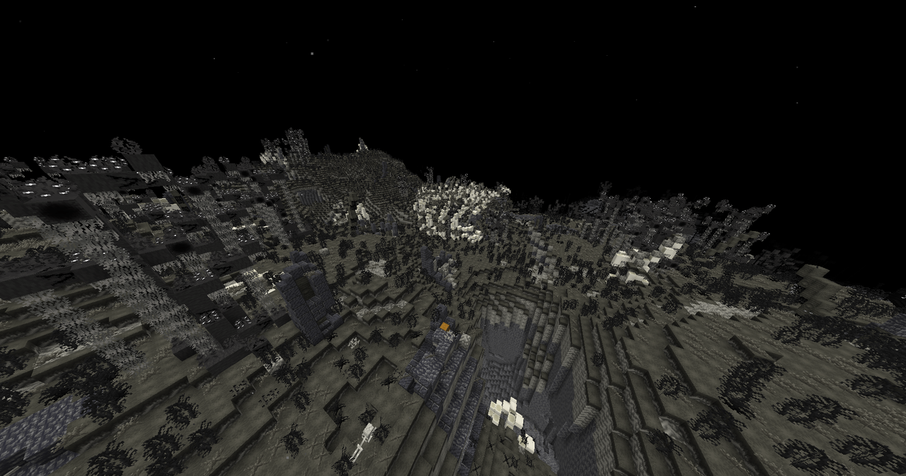 A thick black forest with ruins of an ancient civilization