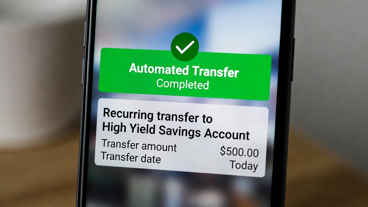 Smartphone notification confirming a recurring automated transfer to a high yield savings account
