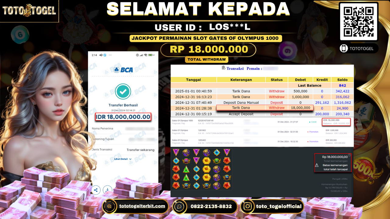 Bukti Pembayaran Jackpot  Permainan Slot Gates Of Olympus 1000  : LOS***L LUNAS