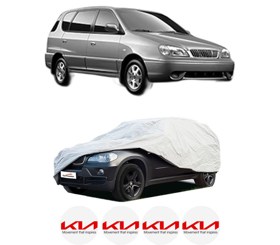 Husa tip prelata auto pentru KIA CARENS I MPV (FC, FJ) din 2000-2007, Culoare Gri, material textil impermeabil, rezistanta la intemperii praf UV, CARPASSION Husa Protectie, 4 Stickere auto cu KIA