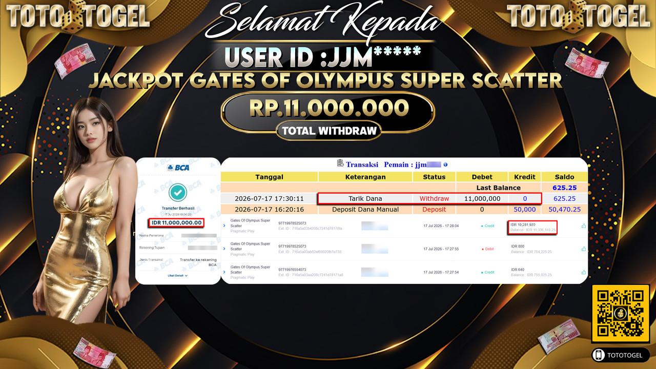 Bukti Pembayaran Jackpot SLOT GATES OF OLYMPUS SUPER SCATER ID:JJM****LUNAS