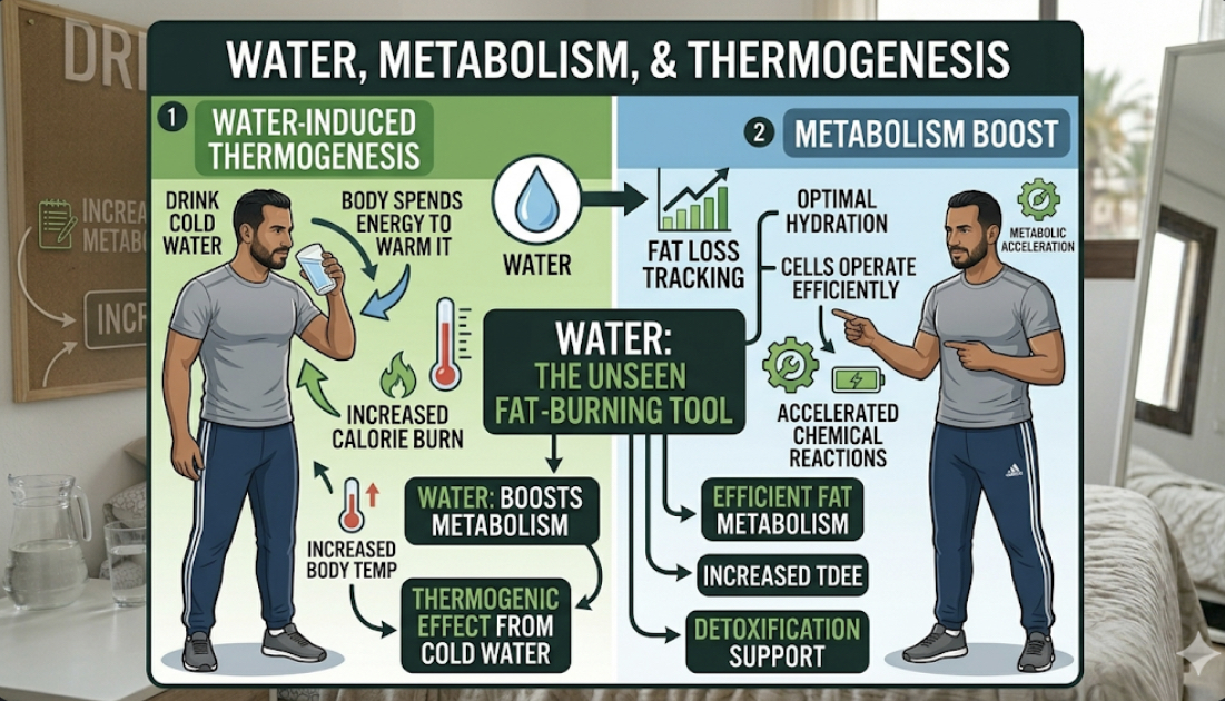 Person drinking water before a meal with measuring tape, representing hydration weight loss strategy